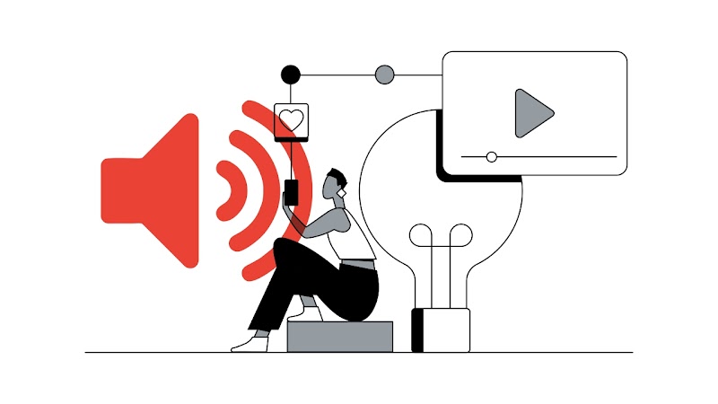 Una mujer con el pelo corto mira un dispositivo móvil. A su izquierda, el ícono de audio en rojo. Y a la derecha, una bombilla eléctrica y una pantalla con el play.