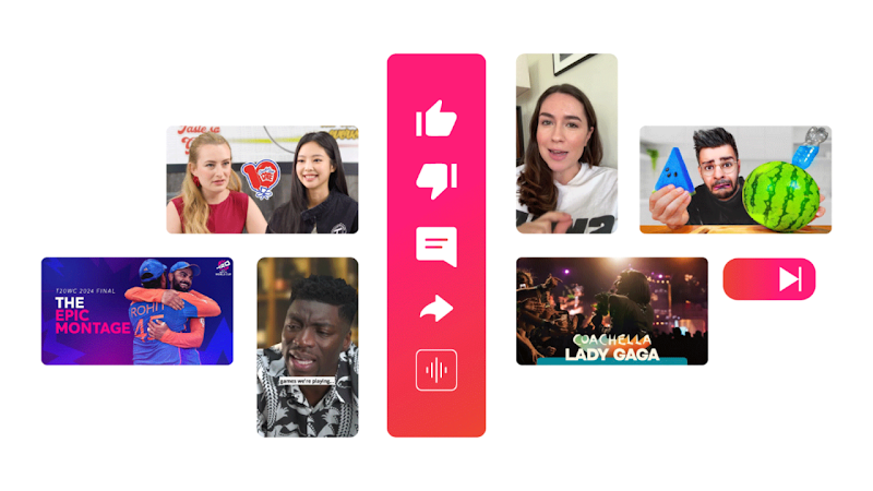 A central red vertical console with white YouTube icons overlaid, including thumbs up, thumbs down, comment, and share. Either side are YouTube screens with different popular creators from around the world.