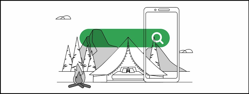 Una carpa de lujo con una fogata alrededor. Detrás, un bosque y montañas. Delante, una pantalla de un dispositivo móvil y una barra de Buscador en verde.
