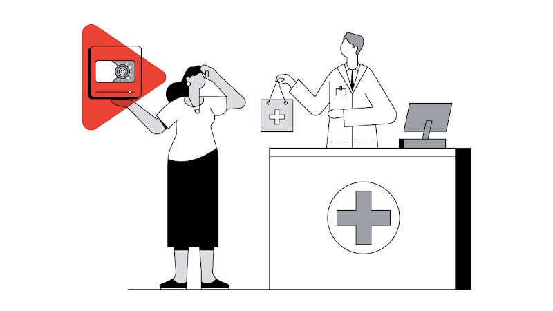 Un’illustrazione mostra una donna con il mal di testa alla cui destra troviamo il logo di YouTube in rosso e l’icona di un farmaco da banco. Alla sua sinistra invece il banco di una farmacia con un farmacista che le pone un medicinale.