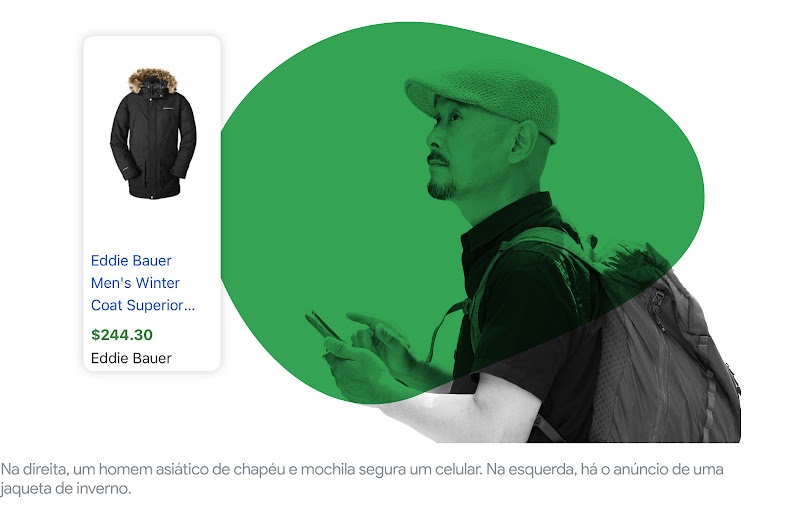 Na direita, um homem asiático de chapéu e mochila segura um celular. Na esquerda, há o anúncio de uma jaqueta de inverno.