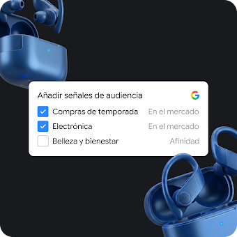 Imagen de unos auriculares azules con dos etiquetas de Señales de Audiencia marcadas: "Compras estacionales", "Electrónica" y una señal de audiencia no marcada "Belleza y bienestar".