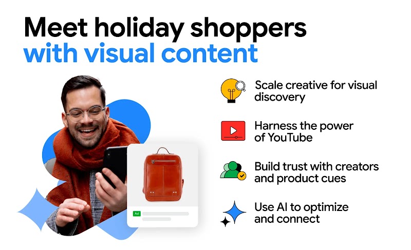 A man in a winter scarf and glasses shops on his mobile phone. Headline: Meet holiday shoppers with visual intent. Recommendations follow: scale creative; harness YouTube; build trust with creators and product cues; use AI to optimize and connect.