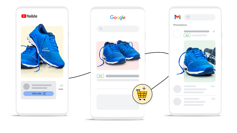 같은 파란색 신발 한 켤레에 관한 모바일 광고가 3대의 휴대기기에 표시됩니다.