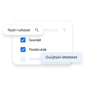 Digitális felület egy „Nyári ruhák” című ellenőrző listával, amelyen a „Szandál” és a „Fürdőruha” pont ki van pipálva. Látható egy keresősáv és egy szűrőikon is, valamint egy „Ötletek keresése” gomb.