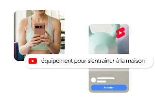 Graphique illustrant une structure d’annonce de produit pour les médias sociaux; à gauche, il y a une femme en vêtements de sport prenant un égoportrait devant un miroir avec un téléphone ainsi qu’une bulle avec le texte « équipement pour s’entraîner à la maison » et un icône de YouTube; à droite, il y a une vignette minimaliste montrant de l’équipement d’entraînement pastel, une icône rouge de Shorts et un bouton « Acheter ».