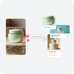 Un activo de alto rendimiento en redes sociales que muestra una crema facial es acompañado de un botón que dice “generar activos” y un cursor sobre él. Junto a él, aparecen un anuncio de Google Display, un anuncio de YouTube Display y un anuncio de Google Shopping para la misma crema facial.