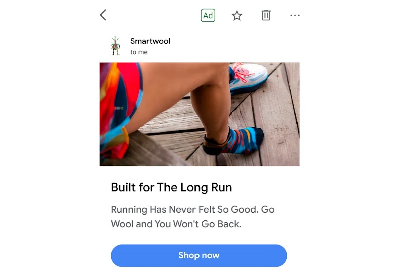 A custom Google Ad for affinity segments shows a photo of a person wearing a black and multicolor-striped Smartwool ankle sock. Copy reads, “Built for The Long Run. Running Has Never Felt So Good. Go Wool and You Won’t Go Back. Shop now.”