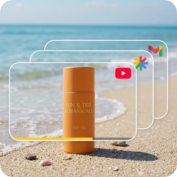 An orange skincare bottle stands on a sandy beach with ocean waves, featuring floating icons for YouTube, Google Display Network, and Gmail.
