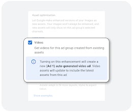 Interfaz de Google Ads en la que se muestra a un usuario habilitando los anuncios de vídeo generados automáticamente.