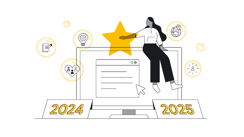 A woman with dark hair sits on the edge of a life-sized computer, placed between two signs that read “2024” and “2025”. She has her hand placed on an overlaying yellow star. Surrounding icons represent collaboration, innovation, and global reach.