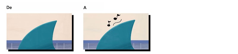 Guion gráfico con dos cuadros para el anuncio de Fishos. En el primero, la aleta de un tiburón. En el segundo, la misma aleta con dos notas musicales encima.