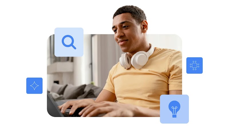 Homem usando o computador, com ícones que remetem a criatividade, busca, inteligência e o Gemini.