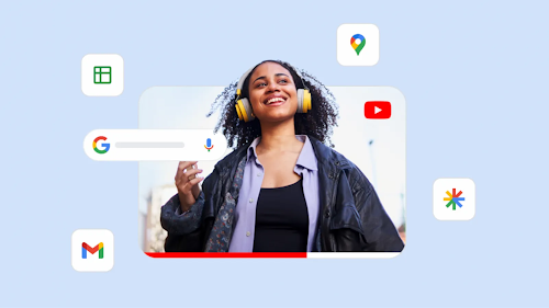 Anuncio de vídeo de unos auriculares, rodeado por distintos iconos de productos de Google para representar la cobertura de Máximo rendimiento.