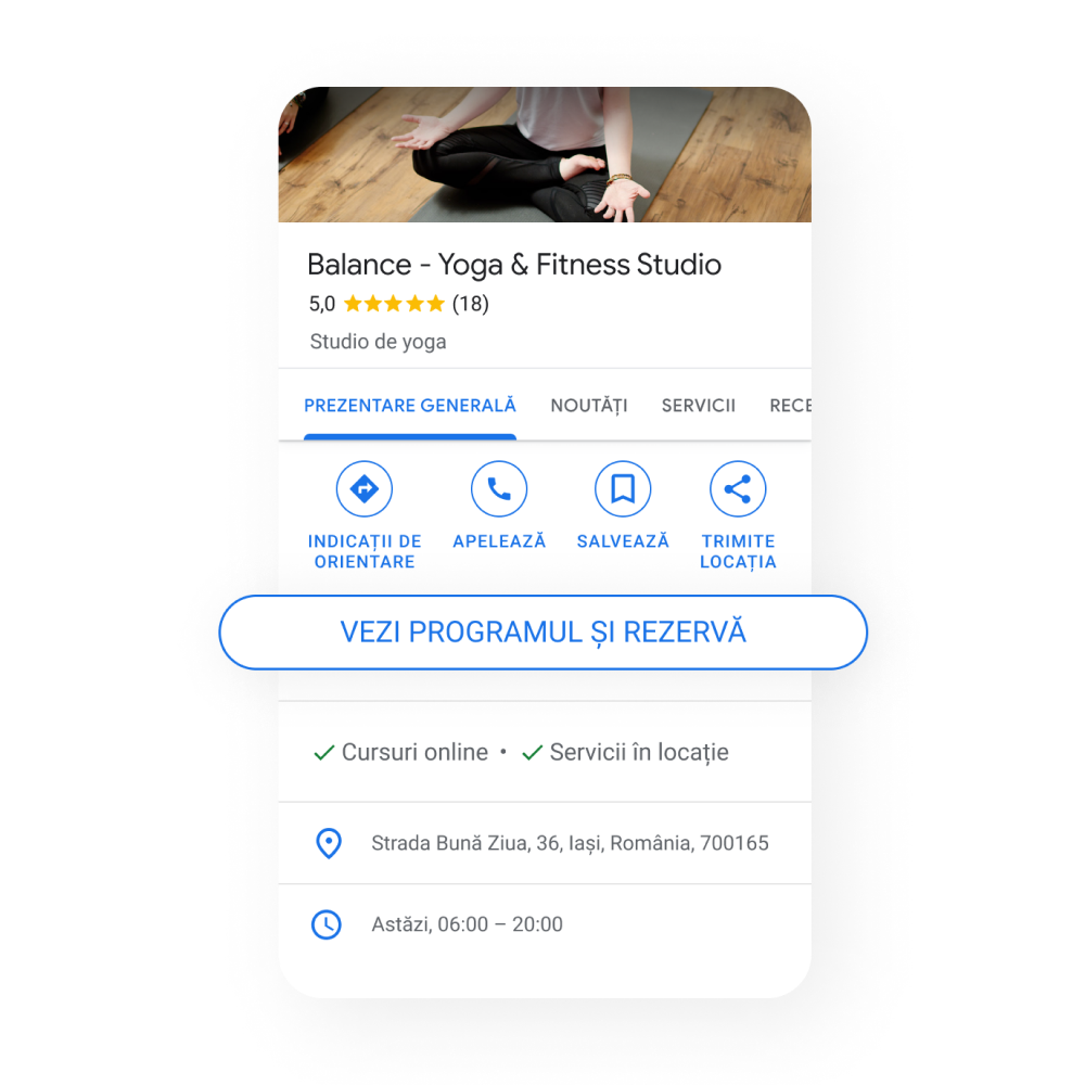 Imagine cu Profilul de companie pentru Servicii care scot în evidență butonul: Vezi programul și rezervă