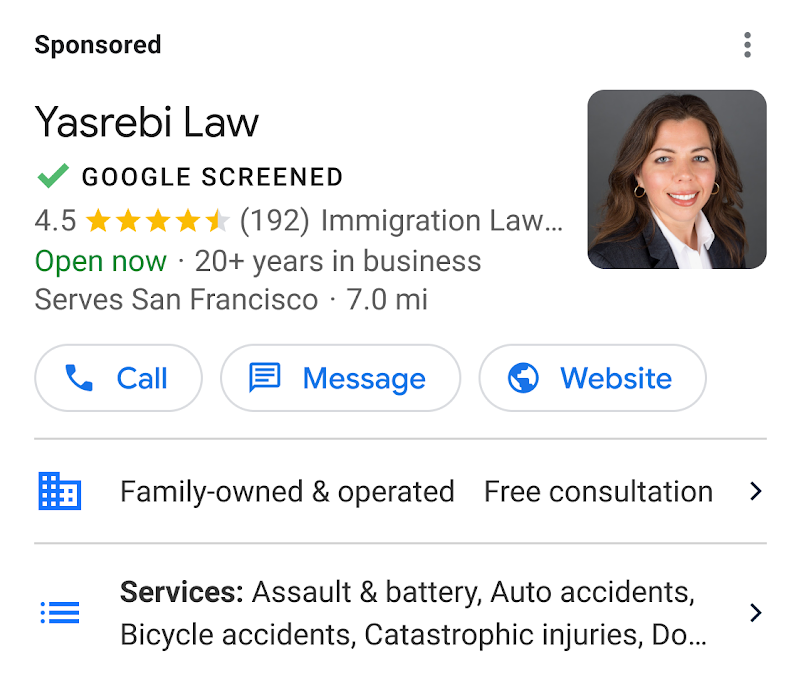 Google Business Profile for Yasrebi Law, an immigration attorney with a 4.5-star rating and Google Screened status.