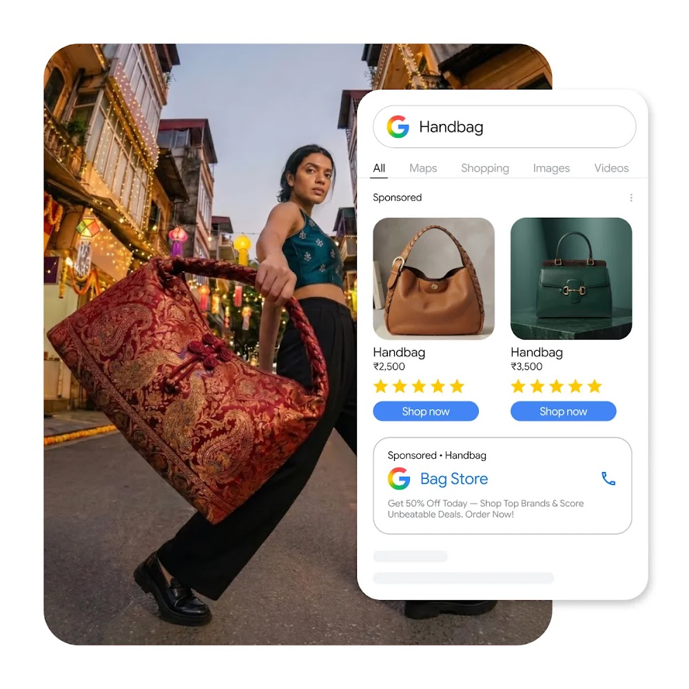 A woman in an embroidered top carrying a red patterned bag on a street with hanging festive lanterns, overlaid with a Google search result overlay for "Handbag" showing sponsored shopping ads priced in Indian Rupees.
