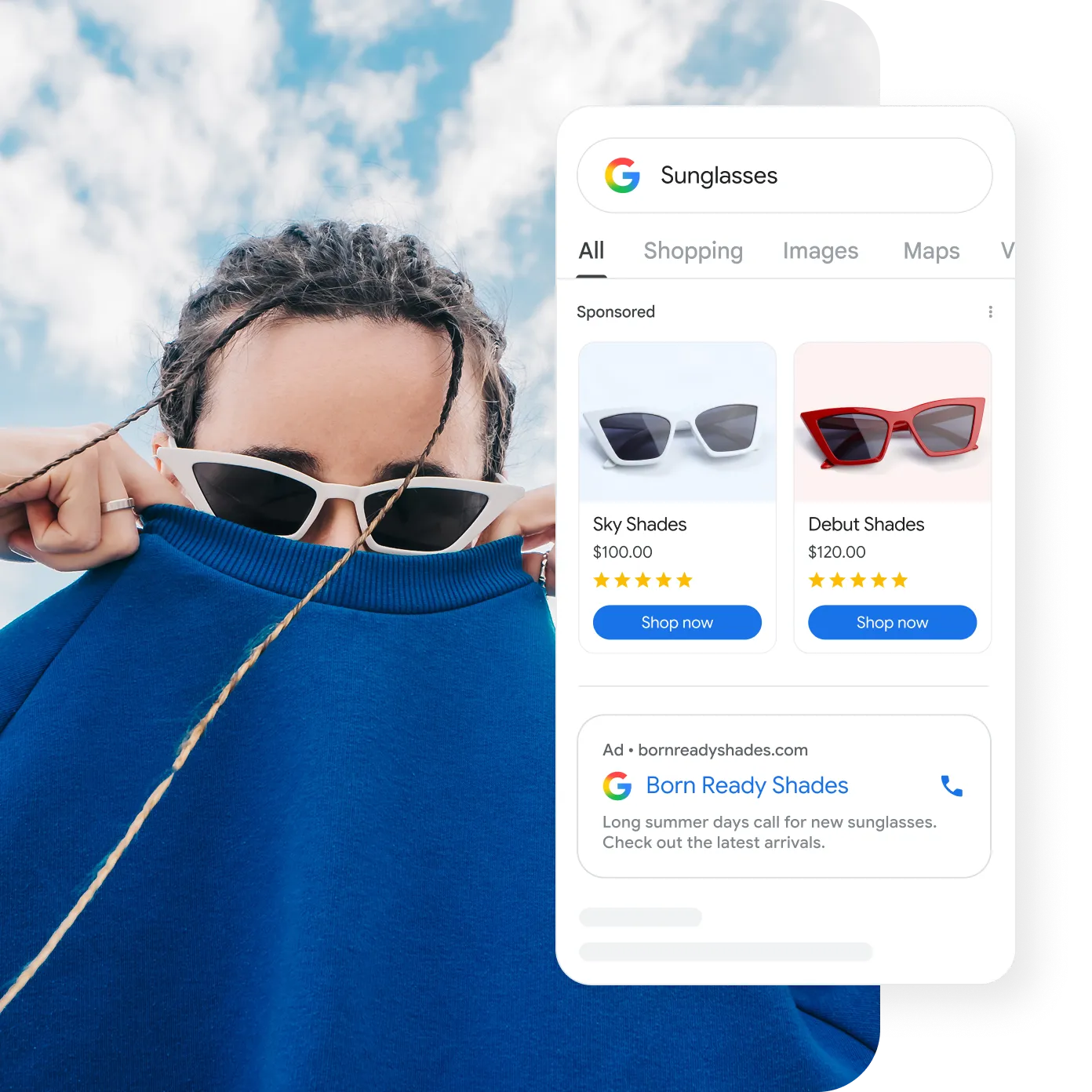 Google Search mobile view showing local sponsored shopping ads.