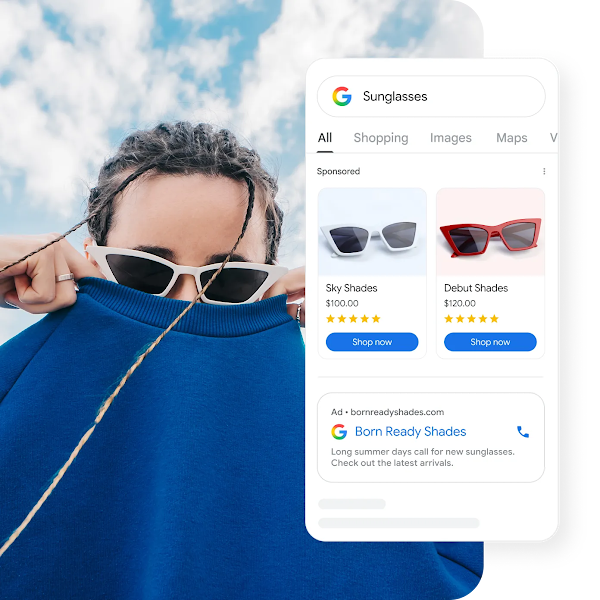 A google search for &ldquo;sunglasses&rdquo; with sponsored shopping results at the top of the page.