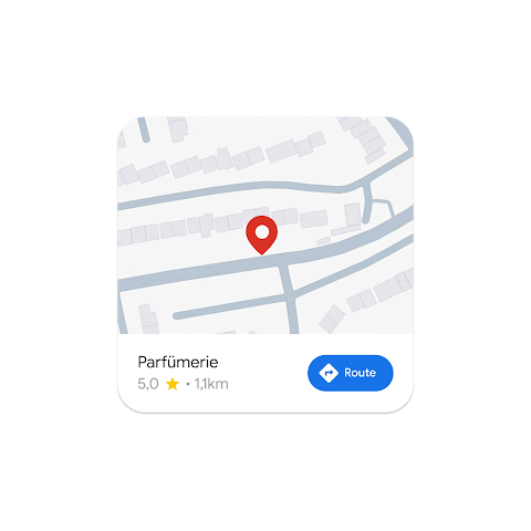 Bild einer Karte, auf der der Standort eines Parfümeriegeschäfts zu sehen ist, mit einer Google Maps-Schaltfläche für die Wegbeschreibung.
