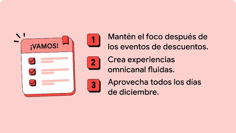 Un checklist titulado "¡Vamos!" recuerda a los retailers: 1. Mantener el foco después de los eventos de descuentos. 2. Crear experiencias omnicanal fluidas. 3. Aprovechar todos los días de diciembre.