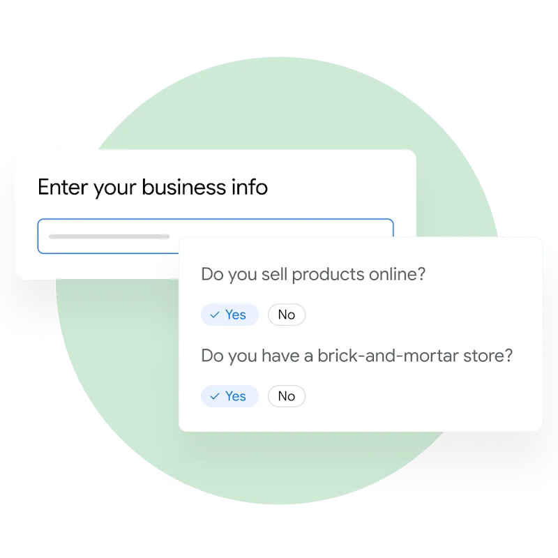 UI of the Merchant Center account creation process like entering business info and if you’re an online or brick-and-mortar retailer.