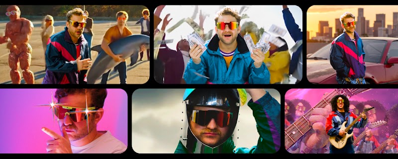 Un chico de piel clara y pelo y vello facial rubios lleva un cortavientos de color turquesa y rosa chillón de estilo ochentero con gafas de esquí en 5 de las 6 fotos. En la foto 6, un chico de piel clara y pelo largo y rizado negro lleva gafas de esquí y