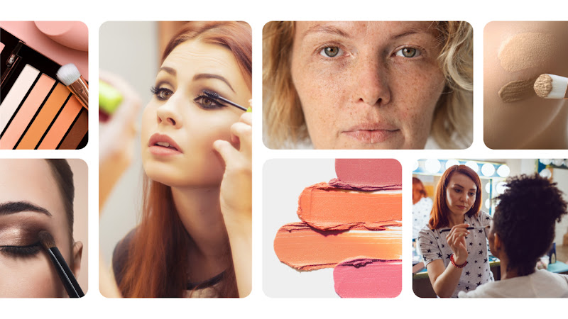 Une mosaïque de photos représente différentes femmes en train de se maquiller ou de se faire maquiller. Certaines photos zooment sur les produits utilisés tels que du fond de teint.