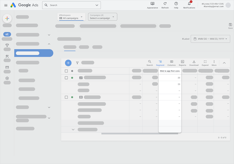 Google Ads Campaign Reporting page showing web to app first conversion metrics in a table.