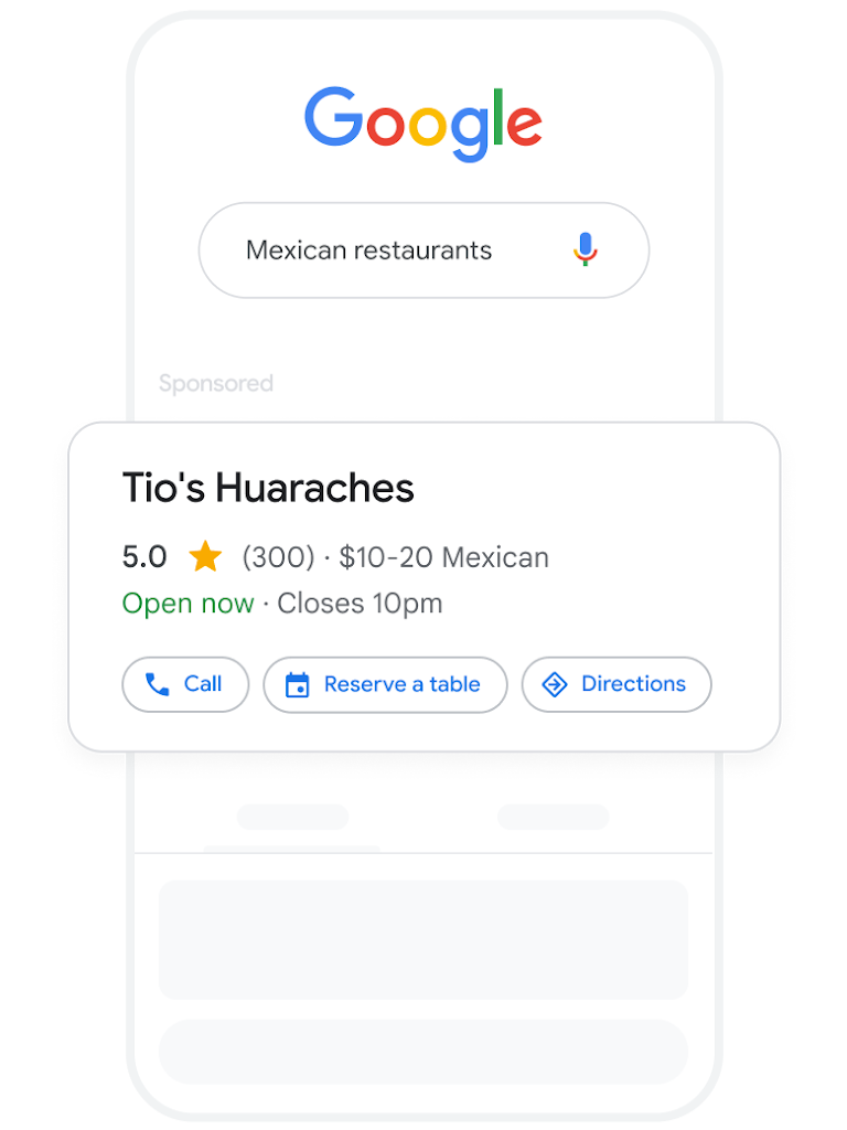 A mobile phone showing a search query for Mexican restaurants and a relevant Mexican restaurant ad in results. 