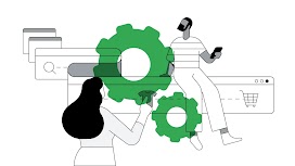 A man sits on top of a search bar, which contains icons of a T-shirt and shopping cart. A woman stretches her finger to touch the T-shirt. There is an overlay of two green gear icons.