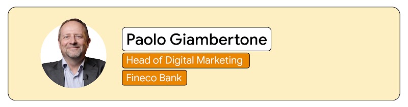Against a pale yellow background, a headshot of Paolo Giambertone, head of digital marketing at Fineco Bank.