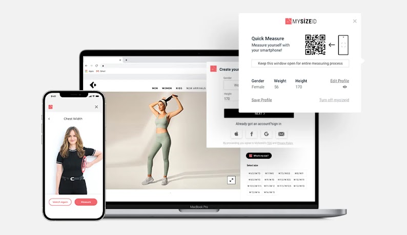 A mobile phone and a laptop showing MySizeID giving size recommendations to a female user based on supplied weight and height details.