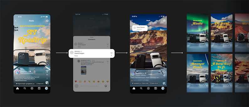 En un anuncio de la campaña 'Best Phones Forever: AI Roadtrip' de Instagram, un usuario sugiere que la próxima parada sea el Gran Cañón. Se muestran anuncios generados por IA del Gran Cañón, Alaska, los anillos de Saturno y las nubes.