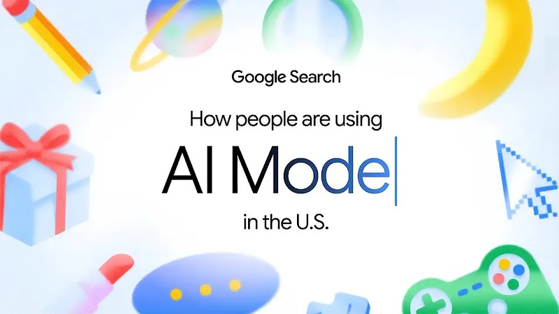 An AI-enhanced collage of recognizable objects, including a pencil, Saturn, a banana, an arrow cursor, a game controller, a speech bubble, lipstick, and a wrapped gift surrounds the text: Google Search. How people are using AI Mode in the U.S.