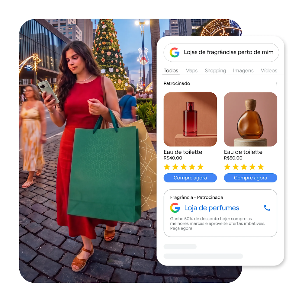 Imagem digital de uma mulher usando o celular enquanto carrega sacolas de compras em uma feira de Natal, sobreposta à interface da Pesquisa Google em dispositivos móveis, mostrando produtos patrocinados de perfumaria e um anúncio de loja local para a consulta "Perfumarias perto de mim".