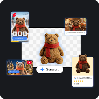 Un collage digitale che mostra la generazione di risorse tramite IA, con un orsacchiotto marrone centrale con una sciarpa rossa sopra un prompt "Generazione in corso...", circondato da quattro diversi annunci digitali e mockup di shopping con lo stesso orsacchiotto in varie ambientazioni stagionali.