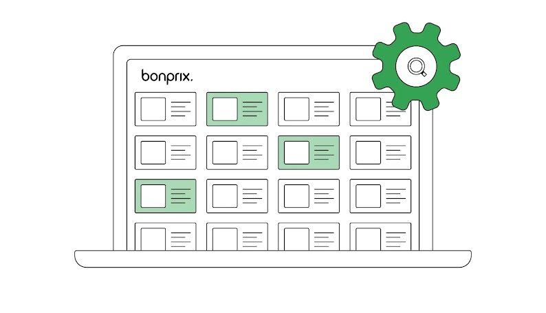 Illustration eines Laptops mit Website-Kacheln und einem Zahnrad-Icon mit Lupe.