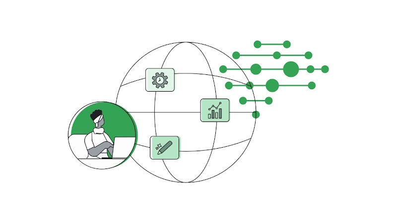Un círculo con una persona frente a una computadora. A su derecha, un mundo con puntos interconectados verdes.