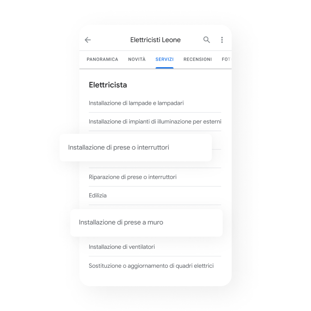 Immagine del profilo di un'attività di servizi su un dispositivo mobile con un elenco evidenziato di servizi offerti