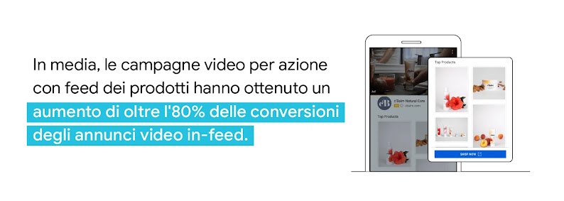 Su un telefono cellulare si vede un feed dei prodotti dell'azienda c’Balm Natural Care. In media, le campagne video per azione con feed dei prodotti hanno ottenuto un aumento di oltre l'80% delle conversioni degli annunci video in-feed.