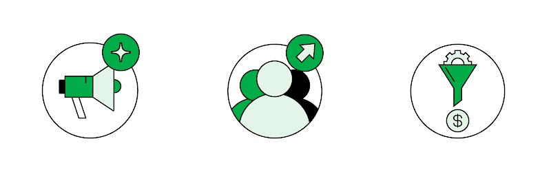 L'immagine mostra tre icone: la prima contiene un megafono verde e bianco con una stella La seconda tre figure stilizzate, con una freccia che punta verso l'alto sulla destra. La terza un imbuto verde con un ingranaggio e un segno del dollaro in basso.