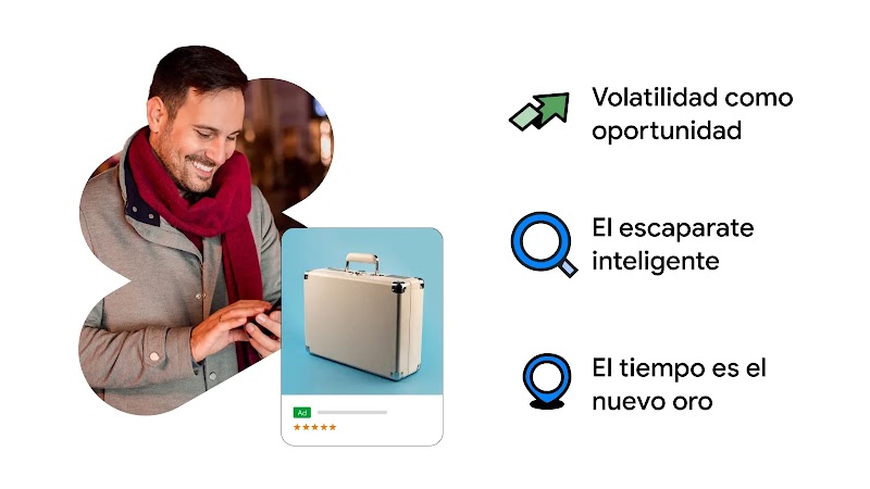 Un hombre sonriente mira su móvil junto al anuncio de una maleta. A la derecha figuran tres conceptos clave con sus iconos correspondientes: "Volatilidad como oportunidad", "El escaparate inteligente" y "El tiempo es el nuevo oro".