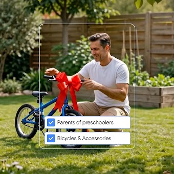 A man tying a large red bow onto a blue bicycle in a garden, with audience selection checkboxes labeled "Parents of preschoolers" and "Bicycles & Accessories".