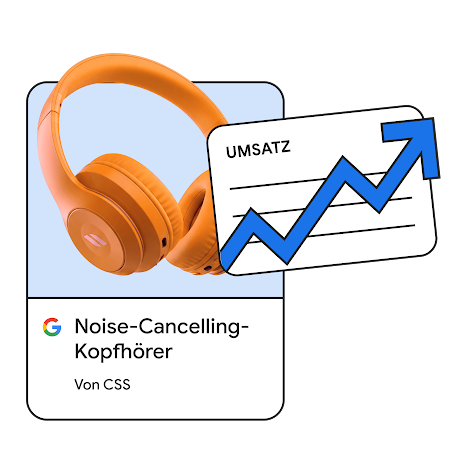 Anzeige für Noise-Cancelling-Kopfhörer und ein Umsatzdiagramm mit Aufwärtspfeil.