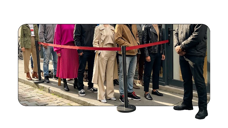 Una foto mostra una coda di persone che vogliono entrare da qualche parte (visualizzando la "domanda"), ma c'è una guardia di sicurezza e una barriera che impediscono l'ingresso (rappresentando la "domanda limitata").  