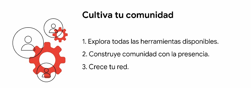 unas ruedas de engranaje que articulan una comunidad de personas. Al lado, 3 claves sobre cómo cultivar tu comunidad en YouTube.