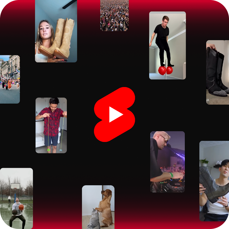 The YouTube Shorts logo is surrounded by a collage of diverse creator videos.