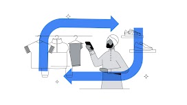 A dark-skinned man wearing a turban holds up a phone in front of a rack of clothes. To his right are two shoes on shelves. Blue arrows going in a clockwise direction overlay.