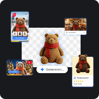 Een digitale collage die de generatie van AI-assets demonstreert, met centraal een bruine teddybeer met een rode sjaal boven de prompt "Genereren...", omringd door vier verschillende digitale advertenties en winkel-mockups met dezelfde beer in verschillende seizoensgebonden omgevingen.